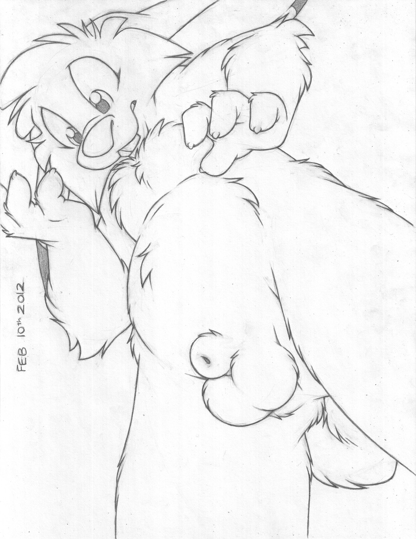 2012 absurd_res animal_genitalia balls buckteeth cub front_view genital_focus greyscale hi_res jake_cottontail lagomorph line_art looking_down male mammal mizzyam monochrome nude pencil_(artwork) perineum perspective rabbit sheath solo standing surprise teeth traditional_media_(artwork) young