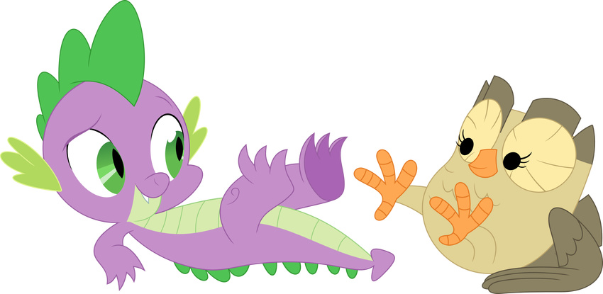 aloysius_(mlp) alpha_channel avian bird bird_feet dragon feathers feet friendship_is_magic green_eyes my_little_pony owl porygon2z purple_skin simple_background spike_(mlp) toes transparent_background wings