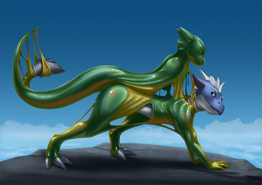 anthro blue_background blue_eyes blue_scales dragon duo feral goo green_eyes latex_(artist) male melting merging multicolored_scales rubber scales scalie simple_background smile transformation two_tone_scales white_scales white_sclera