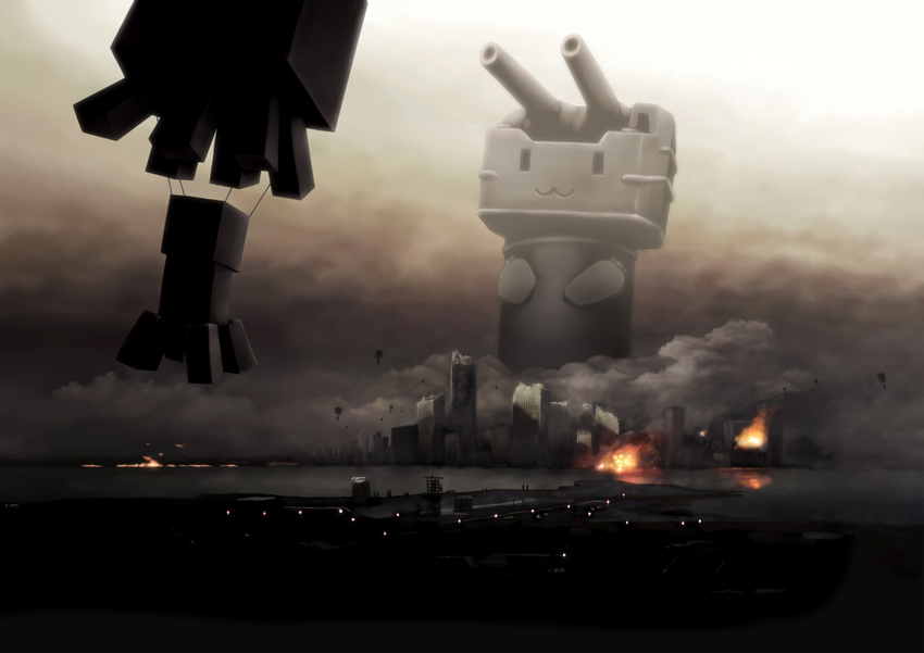 2014 :3 aircraft_carrier armor building cannon creeper detailed detailed_background digital_media_(artwork) fire ghast hi_res invasion minecraft monster navy outside ranged_weapon sky skyscraper video_games water weapon where_is_your_god_now 沸乃 海魂