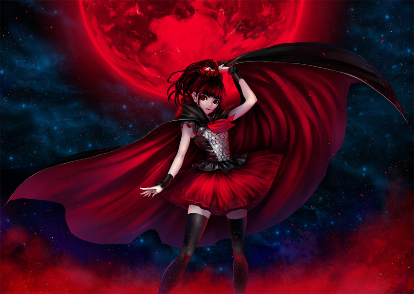 arm_at_side babymetal bangs black_legwear blunt_bangs cape closed_mouth frills full_moon glint hair_ornament hair_scrunchie high_ponytail hood hood_down kunishige_keiichi legs_apart lens_flare light_particles long_hair looking_at_viewer moon nakamoto_suzuka night night_sky red_eyes red_hair red_lips red_moon red_skirt scale_armor scrunchie skirt sky sleeveless solo standing star_(sky) thighhighs wristband zettai_ryouiki