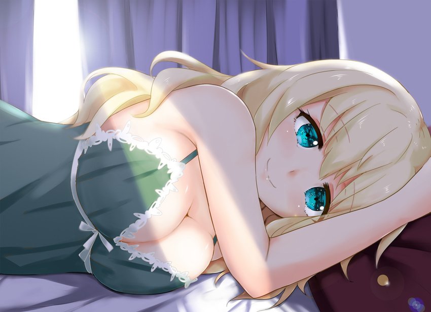 alternate_costume atago_(kantai_collection) babydoll bangs bed blonde_hair blue_eyes breasts closed_mouth commentary curtains eyebrows eyebrows_visible_through_hair indoors kantai_collection large_breasts lens_flare long_hair looking_at_viewer lying morning on_bed on_side pan-pa-ka-paaan! pillow rocha_(aloha_ro_cha) shade smile solo upper_body