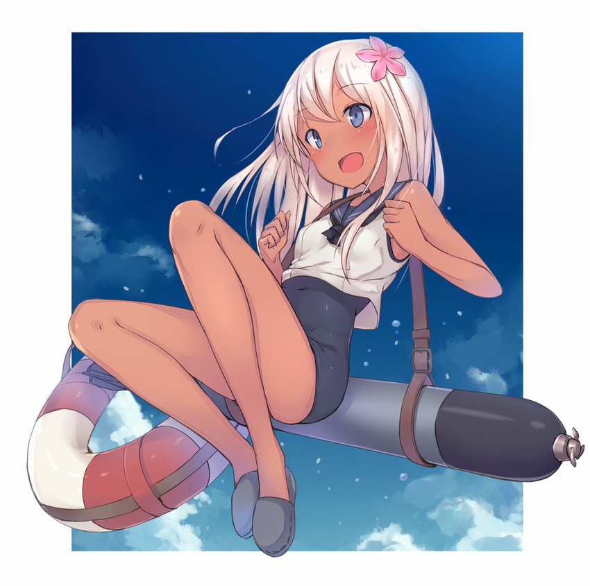 blonde_hair blue_eyes crop_top flower hair_flower hair_ornament highres kantai_collection lifebuoy long_hair metindone one-piece_tan ro-500_(kantai_collection) sailor_collar school_swimsuit solo swimsuit swimsuit_under_clothes tan tanline torpedo