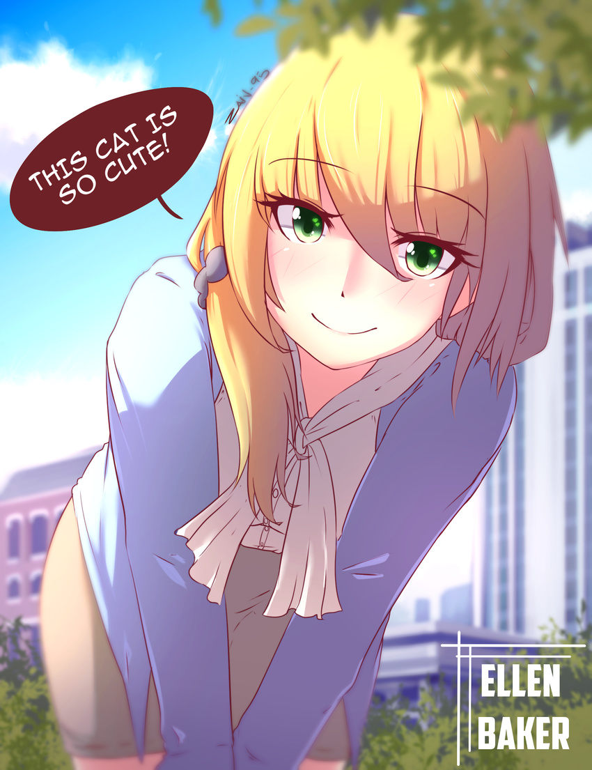 absurdres animal_pov blonde_hair blush character_name ellen_baker english green_eyes highres long_hair looking_at_viewer low_ponytail nas_(z666ful) new_horizon pov scrunchie smile solo speech_bubble