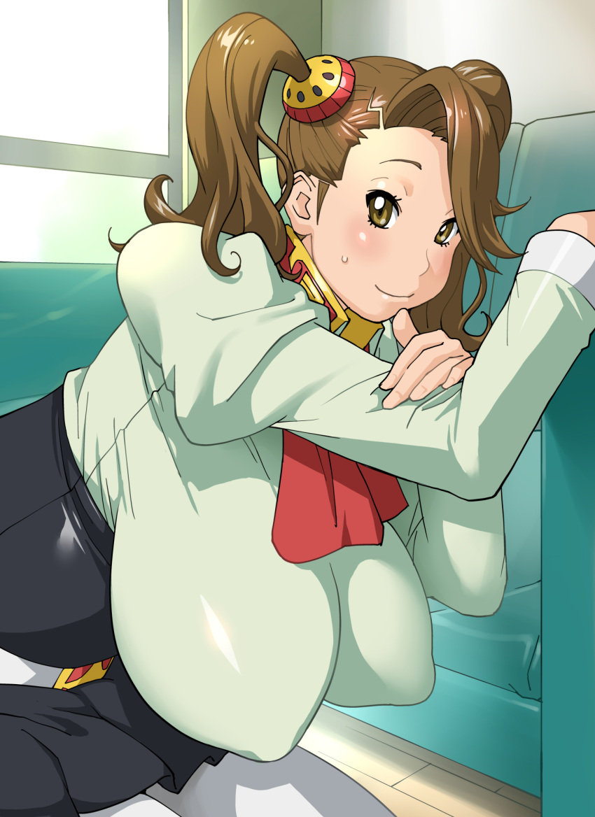 1girl blush breasts brown_hair game_cg gundam gundam_build_fighters gundam_build_fighters_try huge_breasts kotoyoshi_yumisuke long_hair looking_at_viewer sazaki_kaoruko shiny shiny_skin skirt smile twintails uniform