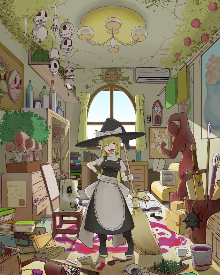 :d ^_^ air_conditioner apron bad_id bad_pixiv_id balance_scale banned_artist beaker black_dress blonde_hair board_game bone book book_stack bottle bow box braid breasts brooch broom bucket candle chair chandelier chest_of_drawers clock closed_eyes commentary corkboard couch cuckoo_clock cup curtains desk display_case dress flail flask frills hand_on_hip hat hat_bow highres indoors ink_bottle jewelry kirisame_marisa long_hair mask medium_breasts messy messy_room mug mushroom okahi open_mouth paint paintbrush paper_stack polearm poster_(object) pumpkin radio room round_teeth ruler scissors scroll short_sleeves single_braid skull smile solo spear spoon statue stuffed_animal stuffed_toy sword teacup teapot teddy_bear teeth touhou tsuchinoko vase weapon weighing_scale window witch_hat wristband yarn yarn_ball