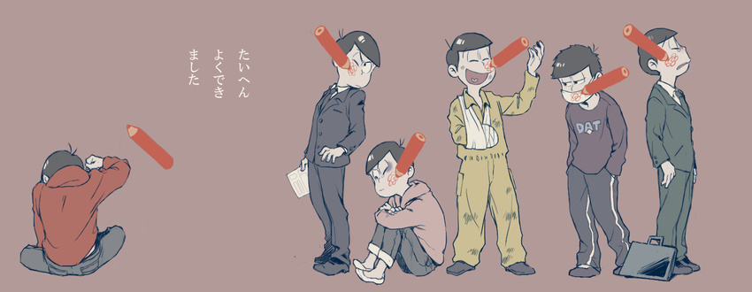 arm_sling bad_id bad_pixiv_id black_eye black_hair briefcase brothers business_suit cast den'en_(okomenotanbo) flower_(symbol) formal hands_in_pockets heart heart_in_mouth hood hoodie injury jumpsuit leg_hug male_focus matsuno_choromatsu matsuno_ichimatsu matsuno_juushimatsu matsuno_karamatsu matsuno_osomatsu matsuno_todomatsu messy_hair multiple_boys one_eye_closed osomatsu-kun osomatsu-san pants pants_rolled_up paper pencil salaryman sextuplets siblings simple_background single_vertical_stripe sitting spoilers suit sweatshirt tearing_up track_pants