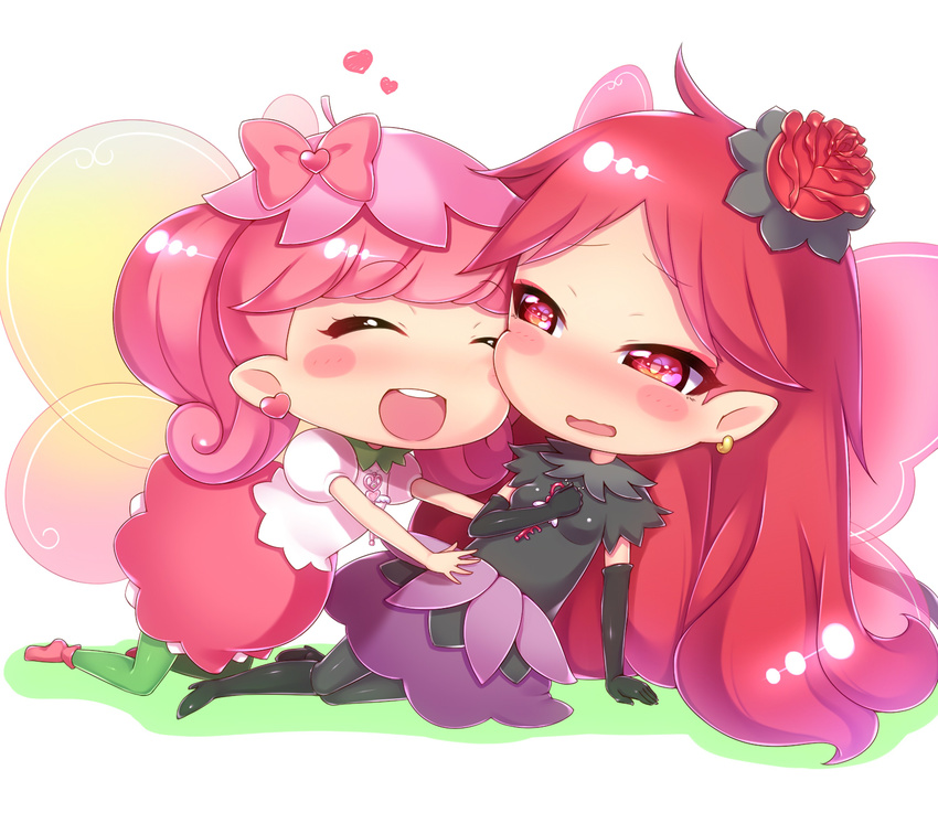 :d blush blush_stickers bow cheek-to-cheek chibi closed_eyes earrings fairy fairy_wings flower gacchu hair_bow hair_flower hair_ornament hand_on_own_chest heart heart_earrings highres jewelry lip_(fairilu) long_hair looking_at_another multiple_girls open_mouth outstretched_arms pink_hair pointy_ears ponytail red_hair rilu_rilu_fairilu rose_(fairilu) simple_background smile wings yuri