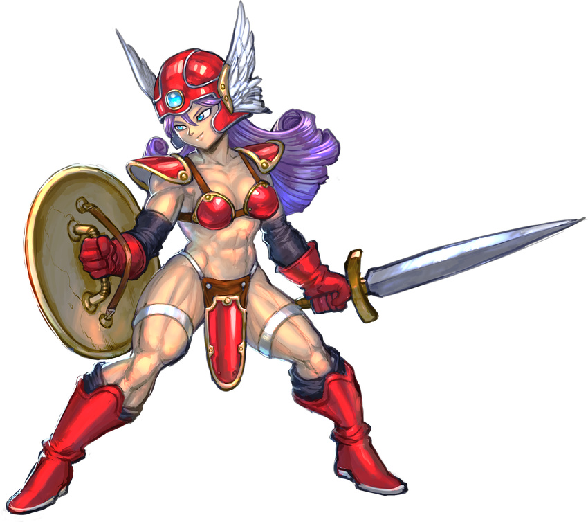 armor bikini_armor blue_eyes boots breasts dragon_quest dragon_quest_iii elbow_gloves full_body gloves helmet highres kisuu long_hair medium_breasts muscle muscular_female purple_hair red_armor shield soldier_(dq3) solo sword transparent_background weapon winged_helmet