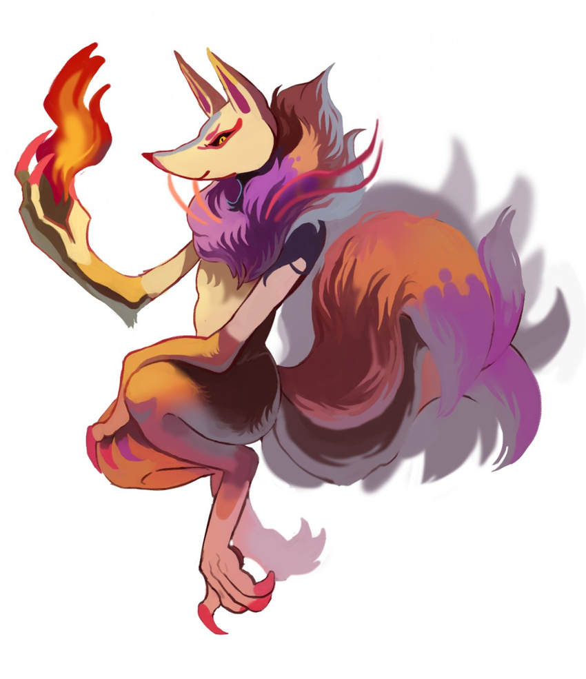 2015 ambiguous_gender black_sclera blue_markings canine claws facial_markings fire fox fur hi_res kyubi_(yo-kai_watch) long_claws looking_at_viewer mammal markings multi_tail multicolored_fur nude pink_claws purple_fur red_markings semi-anthro side_view simple_background slit_pupils smile solarbyte solo toe_claws tuft white_background white_fur yellow_eyes yellow_fur yo-kai_watch