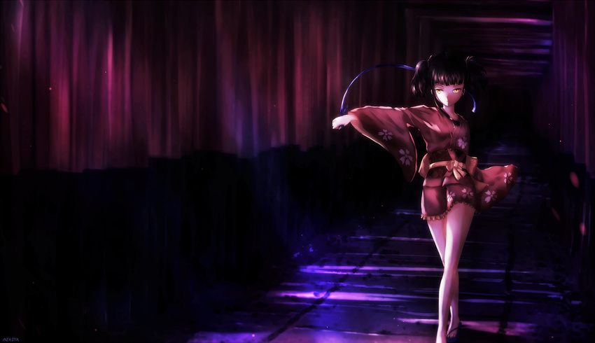bare_legs black_hair braid breasts dyolf floral_print glowing glowing_eyes highres japanese_clothes kimono koutetsujou_no_kabaneri legs light_particles long_sleeves looking_at_viewer multiple_torii mumei_(kabaneri) obi parted_lips sash short_hair short_kimono single_braid small_breasts solo thighs two_side_up walking wide_sleeves yellow_eyes zouri