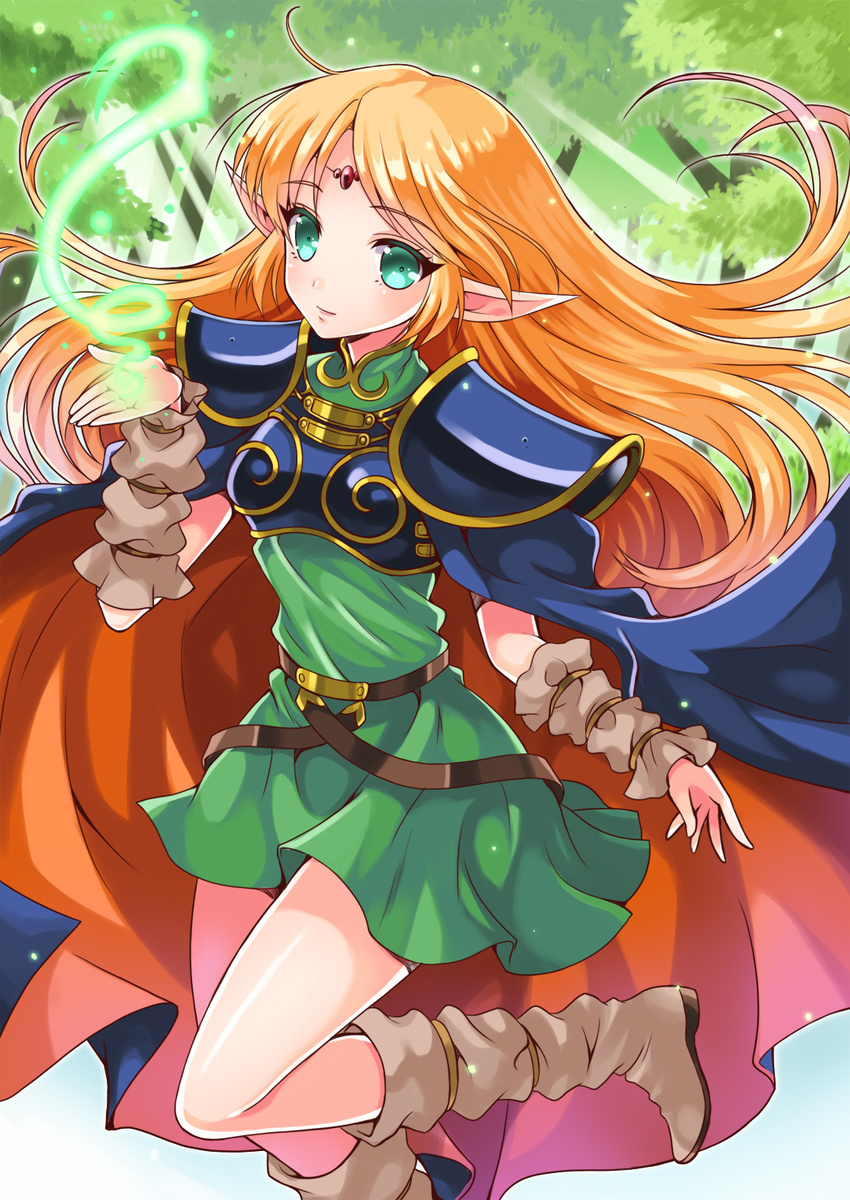 aqua_eyes armor blonde_hair boots breastplate circlet deedlit elf forest highres knee_boots long_hair looking_at_viewer magic makokb nature outdoors pauldrons pointy_ears record_of_lodoss_war solo