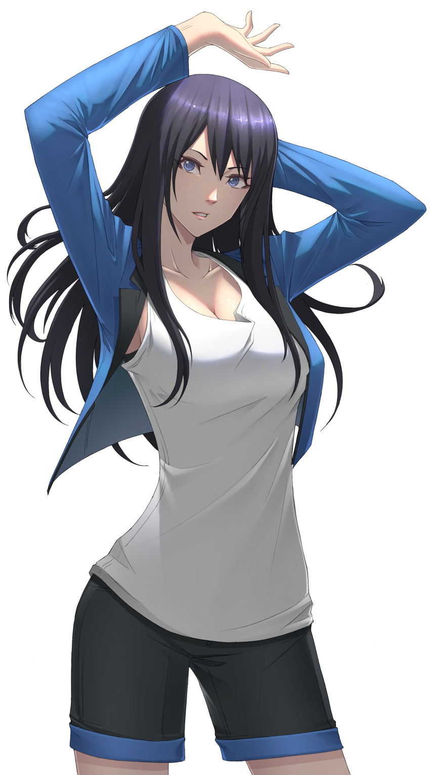 1girl absurdres arms_up bangs black_hair black_shorts blue_eyes blue_jacket breasts cleavage collarbone cowboy_shot floating_hair hair_between_eyes highres jacket large_breasts long_hair long_sleeves looking_at_viewer open_clothes open_jacket original parted_lips shiny shiny_hair shirt shorts simple_background sleeveless sleeveless_shirt solo standing sthreep straight_hair very_long_hair white_background white_shirt
