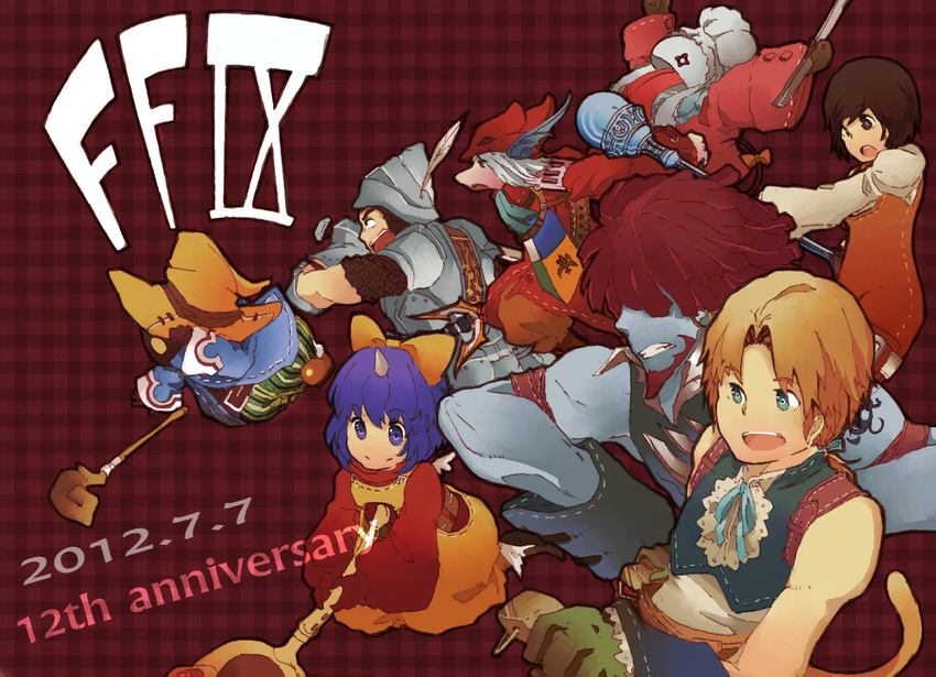 4boys adelbert_steiner black_hair blonde_hair blue_eyes burmecian eiko_carol final_fantasy final_fantasy_ix freija_crescent furry garnet_til_alexandros_xvii gloves highres kisanazu long_hair low-tied_long_hair multiple_boys multiple_girls quina_quen salamander_coral short_hair smile tail vivi_ornitier zidane_tribal