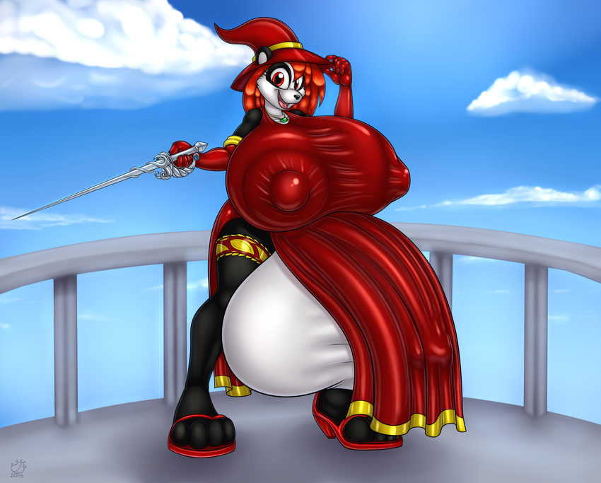 badgerben balls bear big_balls big_breasts breasts bulge clothing footwear hair hat huge_balls huge_breasts huge_feet huge_nipples huge_penis hyper hyper_balls hyper_breasts hyper_nipples hyper_penis intersex looking_at_viewer mammal melee_weapon nipple_bulge nipples panda penis rapier red_eyes red_hair robe sandals sword tabard weapon wizard_hat