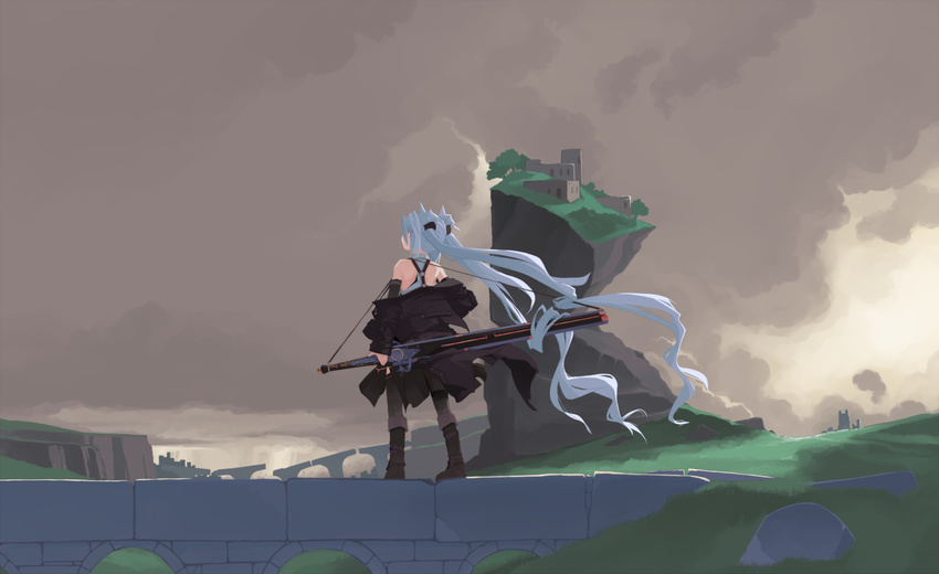 black_legwear blue_eyes boots cloud cloudy_sky coat from_behind gun highres long_hair looking_at_viewer looking_back mof mof's_silver_haired_twintailed_girl off_shoulder original rifle ruins shoulder_blades sky solo standing thighhighs very_long_hair weapon white_background wind