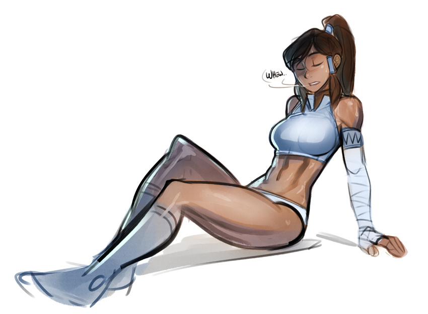 1girl abs arm_support armband bandage bandaged_arm bangs bare_shoulders blue_boots blue_shirt boots breasts brown_hair crop_top dark_skin eyes_closed female full_body hair_ornament hair_tubes high_ponytail korra legs long_hair muscle no_pants panties ponytail reclining shadow shirt sidelocks simple_background sitting sleeveless sleeveless_shirt solo swept_bangs the_legend_of_korra thick_thighs thighs white_background white_panties