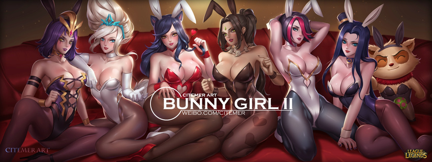 6+girls ^_^ ahri animal animal_ears arm_belt arm_on_shoulder arm_support armpits arms_up bangs bare_shoulders black_hair black_legwear black_leotard blue_eyes blue_hair blush breasts brown_eyes brown_hair brown_legwear brown_nails bunny_ears bunny_girl bunny_tail bunnysuit caitlyn_(league_of_legends) choker citemer cleavage clenched_hand closed_eyes copyright_name couch cross-laced_clothes crossdressing crystal dark_skin emilia_leblanc eyelashes facial_mark fake_animal_ears fang_necklace fingernails fiora_laurent forehead_jewel fox_ears gem gloves green_eyes hair_over_one_eye hairband hands_on_own_head hat heart heart_cutout high_heels highleg highleg_leotard highres holding holding_hair janna_windforce kneeling large_breasts league_of_legends leaning_back leaning_to_the_side leotard long_fingernails long_hair looking_at_viewer mini_hat mini_top_hat multicolored_hair multiple_girls nail_polish nidalee odd_one_out one_eye_covered pale_skin palms pantyhose parted_bangs parted_lips pink_hair pink_lips playboy_bunny_leotard pointy_ears ponytail purple_footwear purple_hair purple_leotard purple_lips purple_nails red_footwear red_leotard red_lips red_nails seiza shoes short_hair sitting smile spread_legs strapless strapless_leotard swept_bangs tail teemo tiara top_hat two-tone_hair watermark web_address whiskers white_footwear white_gloves white_hair white_leotard wrist_cuffs wristband yellow_eyes yokozuwari
