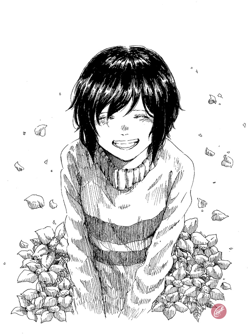 androgynous anisa_novia closed_eyes flower frisk_(undertale) greyscale hatching_(texture) highres monochrome open_mouth petals signature smile solo striped striped_sweater sweater undertale upper_body watermark