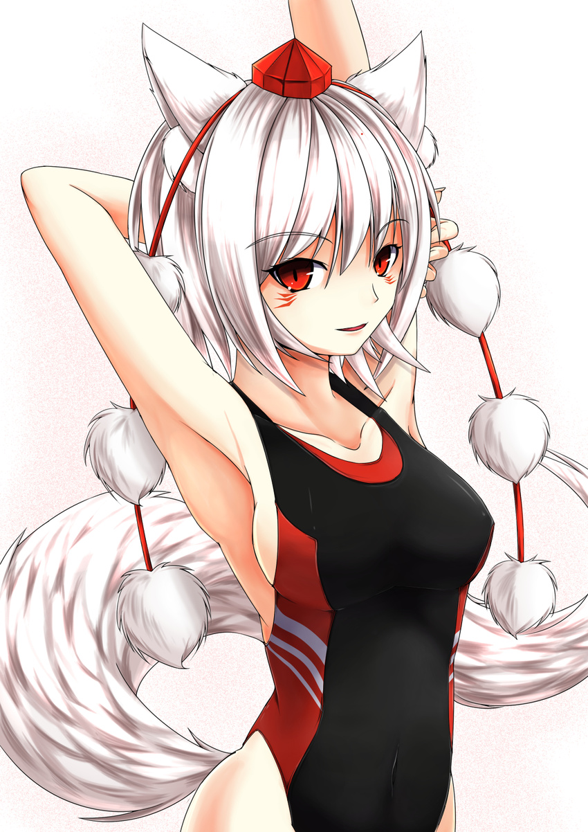 albino alternate_costume animal_ears arm_behind_head armpits arms_up bangs black_swimsuit breasts competition_swimsuit covered_navel cowboy_shot eyebrows eyebrows_visible_through_hair facial_mark fingernails hair_between_eyes hat highleg highleg_swimsuit highres inubashiri_momiji inyuppo long_fingernails looking_at_viewer medium_breasts one-piece_swimsuit parted_lips pom_pom_(clothes) red_eyes short_hair silver_hair smile solo swimsuit tail tokin_hat touhou white_hair wolf_ears wolf_tail