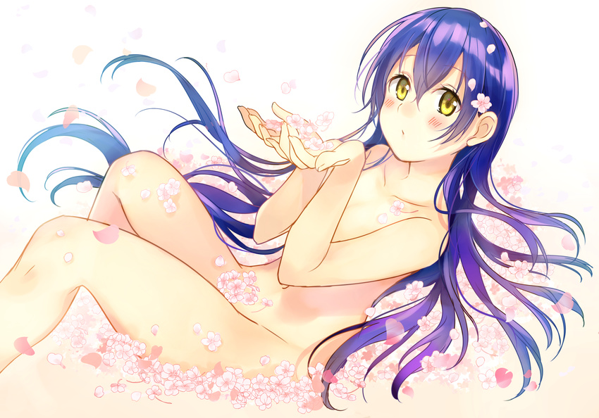 absurdres bangs blue_hair blush cherry_blossoms convenient_censoring cupping_hands flower hair_between_eyes hair_flower hair_ornament highres holding holding_flower kakizato long_hair looking_at_viewer love_live! love_live!_school_idol_project navel nude petals reclining solo sonoda_umi yellow_eyes