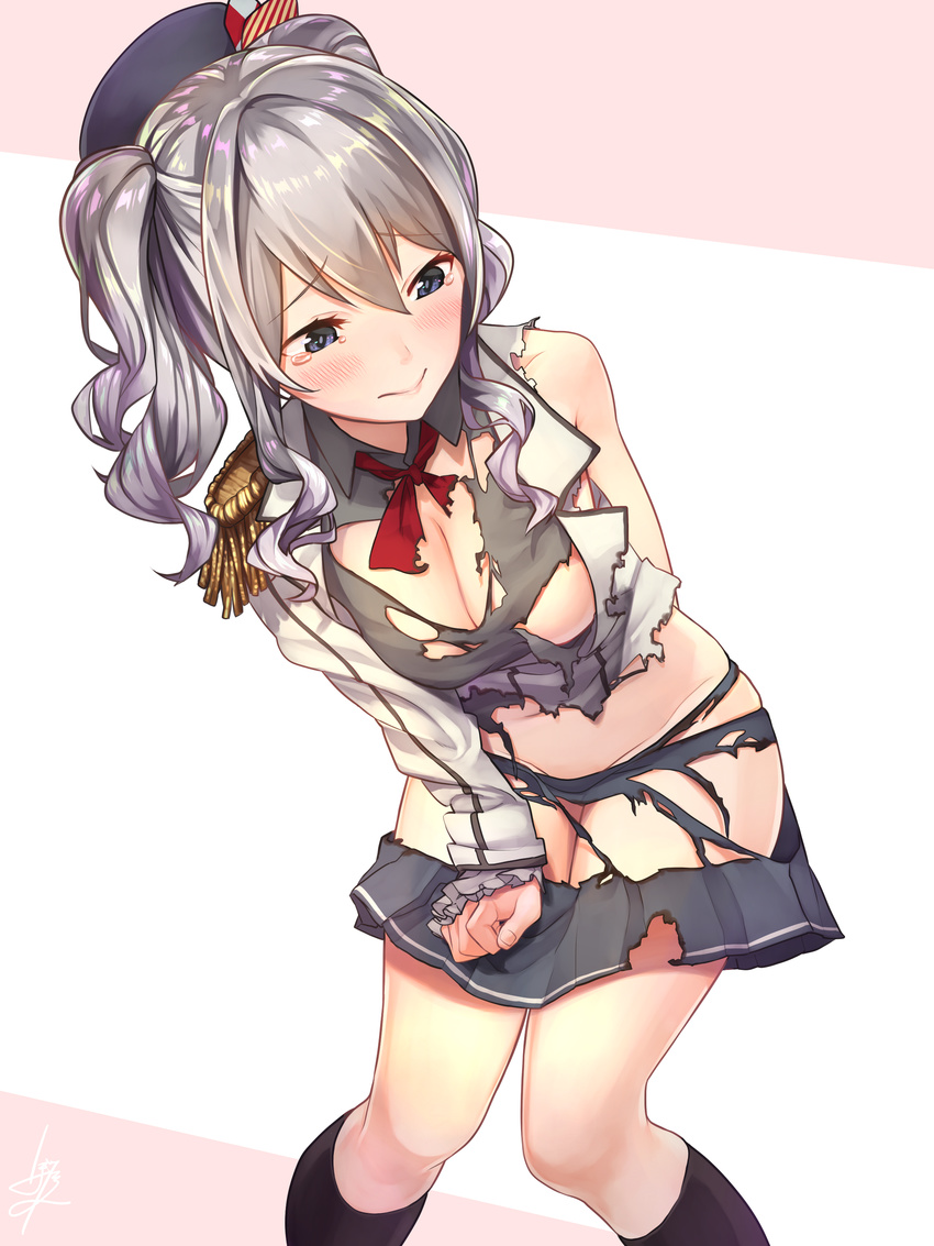 absurdres baffu bangs beret black_legwear blue_eyes blush breast_hold breasts burnt_clothes closed_mouth collared_shirt covering embarrassed epaulettes eyebrows eyebrows_visible_through_hair eyelashes frilled_sleeves frills grey_hair grey_shirt groin hair_between_eyes hair_ornament hat highres jacket kantai_collection kashima_(kantai_collection) kneehighs large_breasts leaning_forward leaning_to_the_side long_hair long_sleeves looking_away navel no_bra no_panties pleated_skirt shirt signature skirt skirt_tug solo standing stomach striped tears torn_clothes torn_jacket torn_shirt torn_skirt twintails white_background