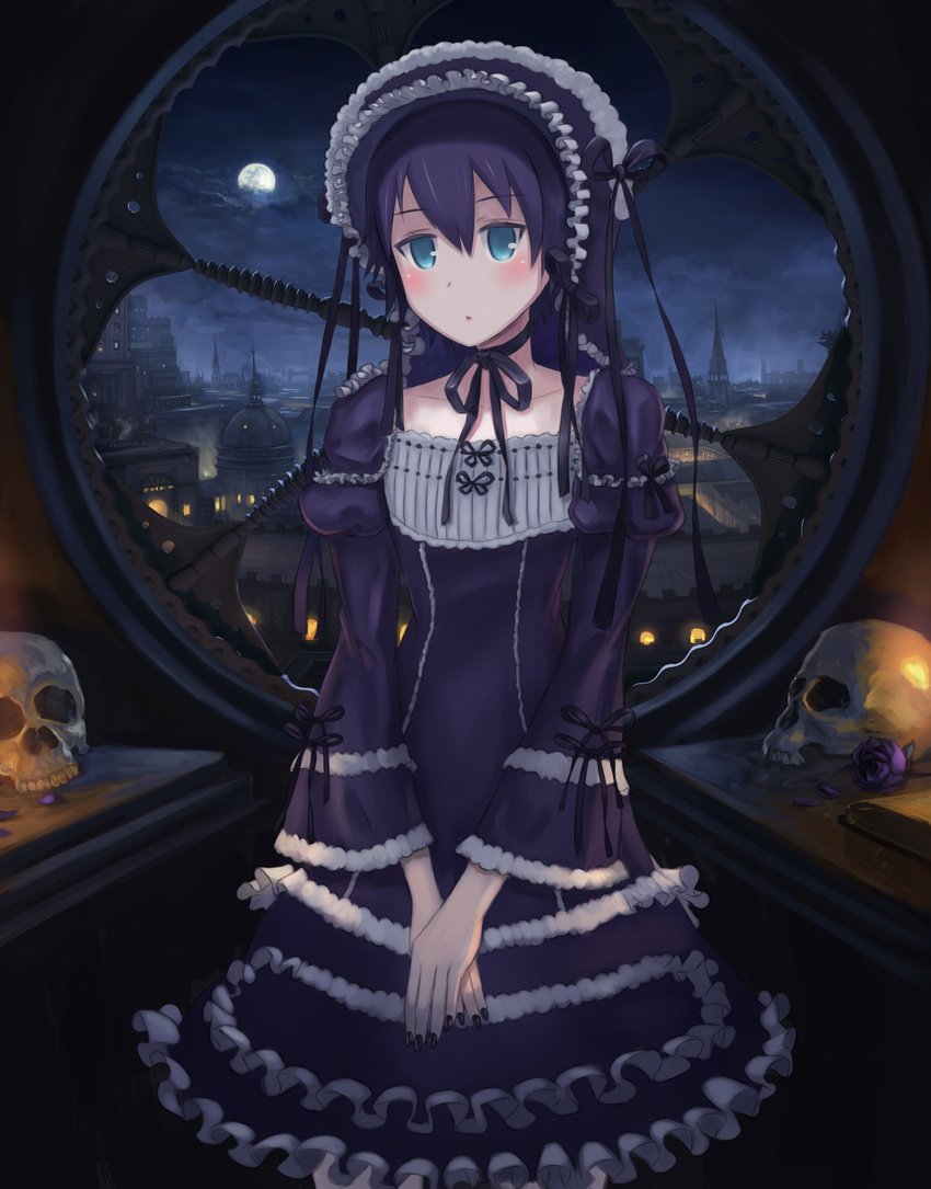 1girl androgynous artist_request black_hair blue_eyes buildings dress flat_chest flower gothic gothic_lolita kino kino_no_tabi laces lolita_fashion night painted_nails ribbon rose short_hair skull sky solo table window