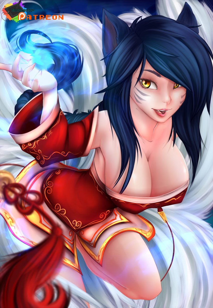 2016 ahri_(lol) amber_eyes animal_humanoid big_breasts black_hair breasts canine cleavage clothed clothing facial_markings female fox fox_humanoid hair hi_res humanoid league_of_legends long_hair mammal markings multi_tail open_mouth rainbowscreen solo video_games