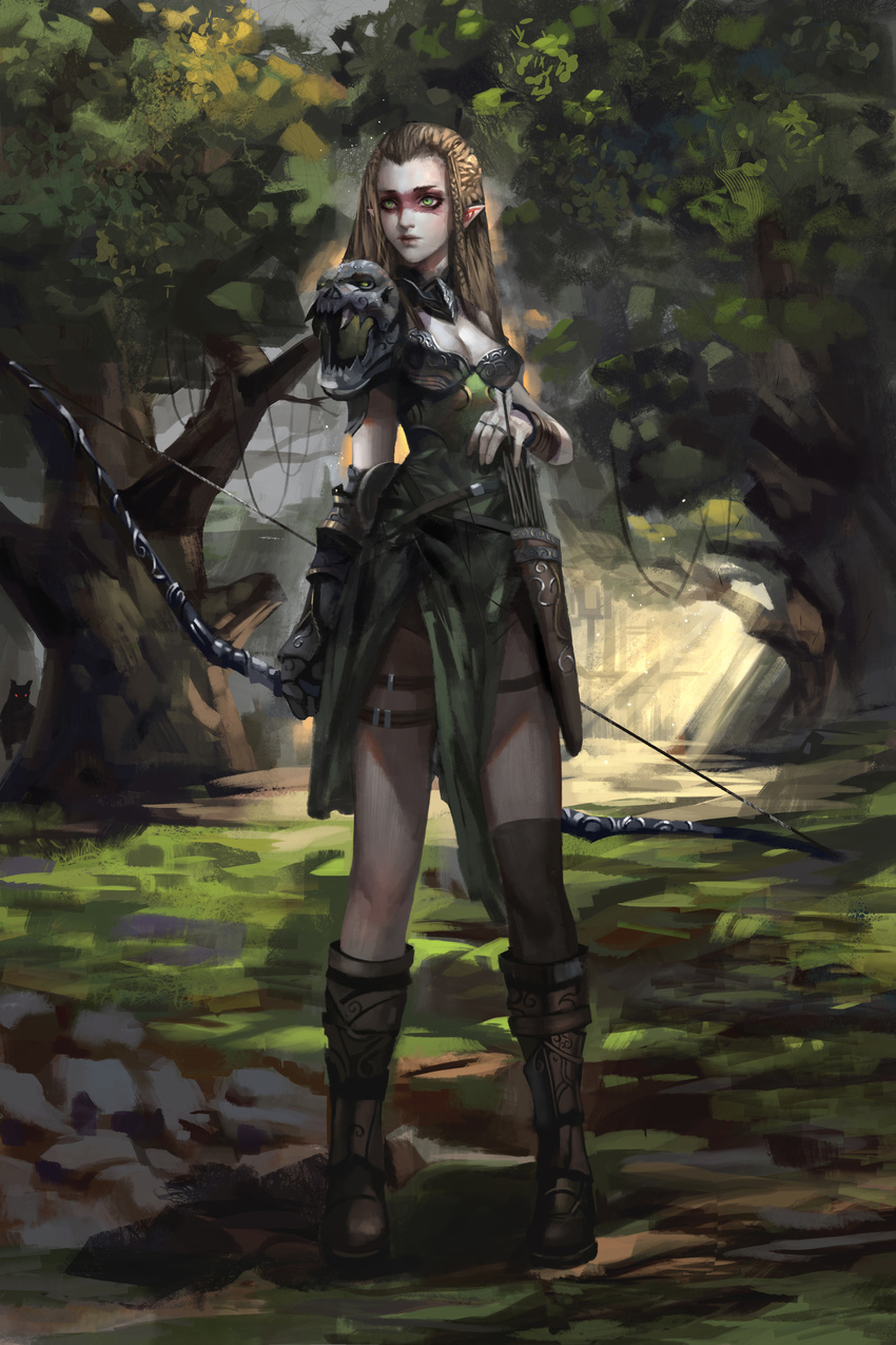 absurdres armor arrow baka_(mh6516620) belt blonde_hair boots bow_(weapon) braid breasts brown_footwear cleavage elf facial_mark forest gorget green_eyes highres knee_boots light_rays lips long_hair medium_breasts nature pointy_ears quiver shoulder_armor skull solo spaulders thigh_strap tree weapon
