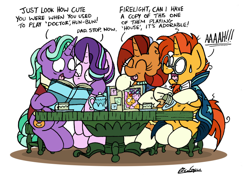 2019 beverage bobthedalek book dialogue english_text equine female firelight_(mlp) friendship_is_magic horn male mammal my_little_pony photo_album starlight_glimmer_(mlp) stellar_flare_(mlp) sunburst_(mlp) table tea teapot text unicorn