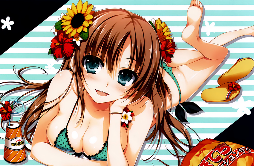 :d arm_support ass bag_of_chips bare_arms bare_legs bare_shoulders barefoot bikini blush bracelet breasts brown_hair cleavage collarbone crazy_straw cup drinking_straw eyebrows eyebrows_visible_through_hair feet_up flip-flops flower flower_bracelet foreshortening frilled_bikini frills green_bikini green_eyes hair_flower hair_ornament hand_in_hair hand_up head_tilt heart heart_straw hibiscus highres horizontal-striped_background jewelry kneepits large_breasts leg_up long_hair lying on_stomach open_mouth original plumeria polka_dot polka_dot_bikini sandals shiny shiny_skin shoes_removed sidelocks smile soles solo striped striped_background sunflower sunflower_hair_ornament swimsuit tareme the_pose toes tomose_shunsaku very_long_hair