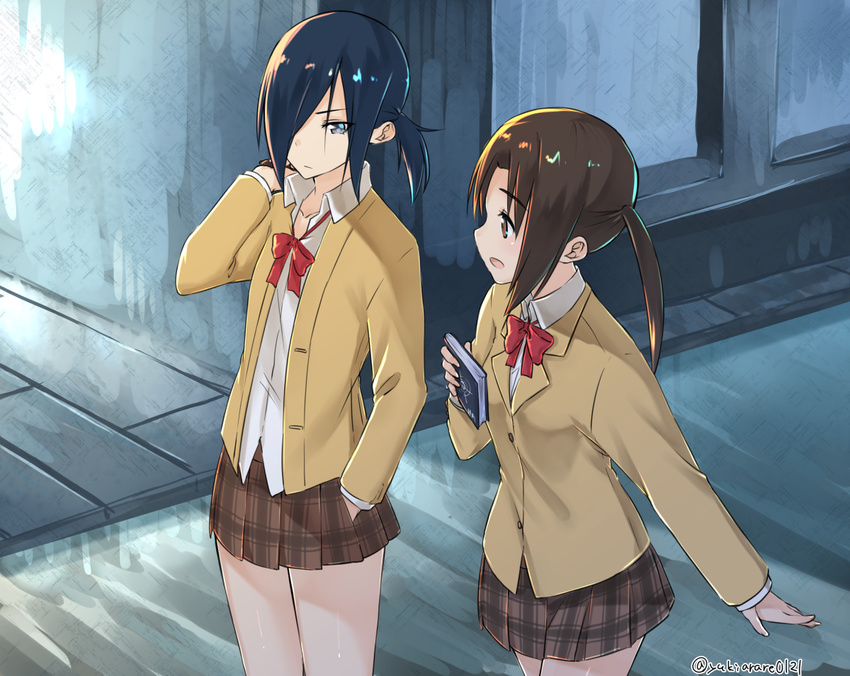 black_eyes black_hair brown_eyes brown_hair buttons checkered checkered_skirt collarbone hair_over_one_eye hand_in_pocket long_hair long_sleeves multiple_girls open_mouth pleated_skirt ponytail red_ribbon ribbon school_uniform seitokai_yakuindomo shirt skirt toki_(seitokai_yakuindomo) tsuda_kotomi twintails twitter_username white_shirt yuki_arare