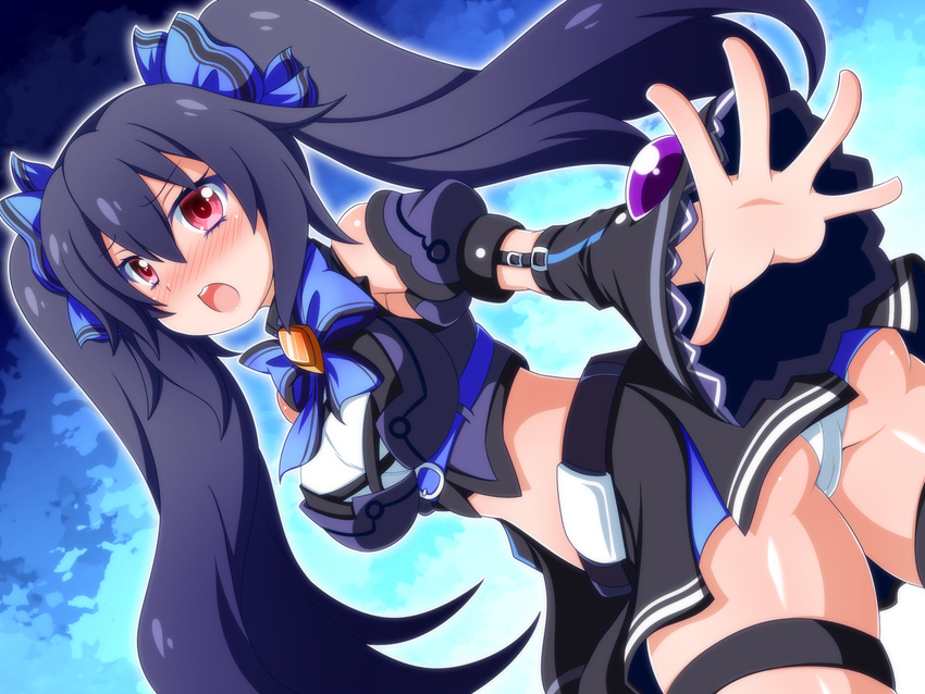 ass bare_shoulders black_hair blush crop_top hair_ornament highres long_hair looking_at_viewer looking_back midriff neptune_(series) noire oborotsuki_kakeru open_mouth panties pantyshot red_eyes ribbon shiny shiny_skin skirt solo twintails underwear upskirt very_long_hair white_panties