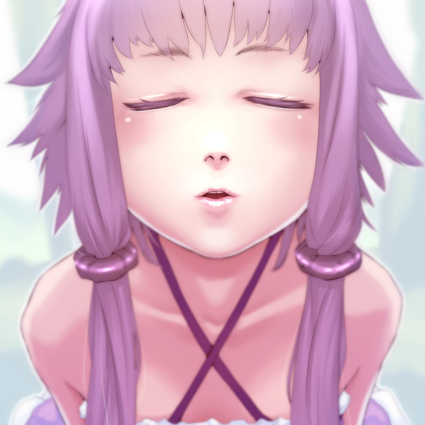 bare_shoulders blush closed_eyes collarbone face facing_viewer hair_ornament highres incoming_kiss leaning_forward low_twintails parted_lips purple_hair short_hair_with_long_locks solo soon twintails upper_body vocaloid voiceroid yuzuki_yukari