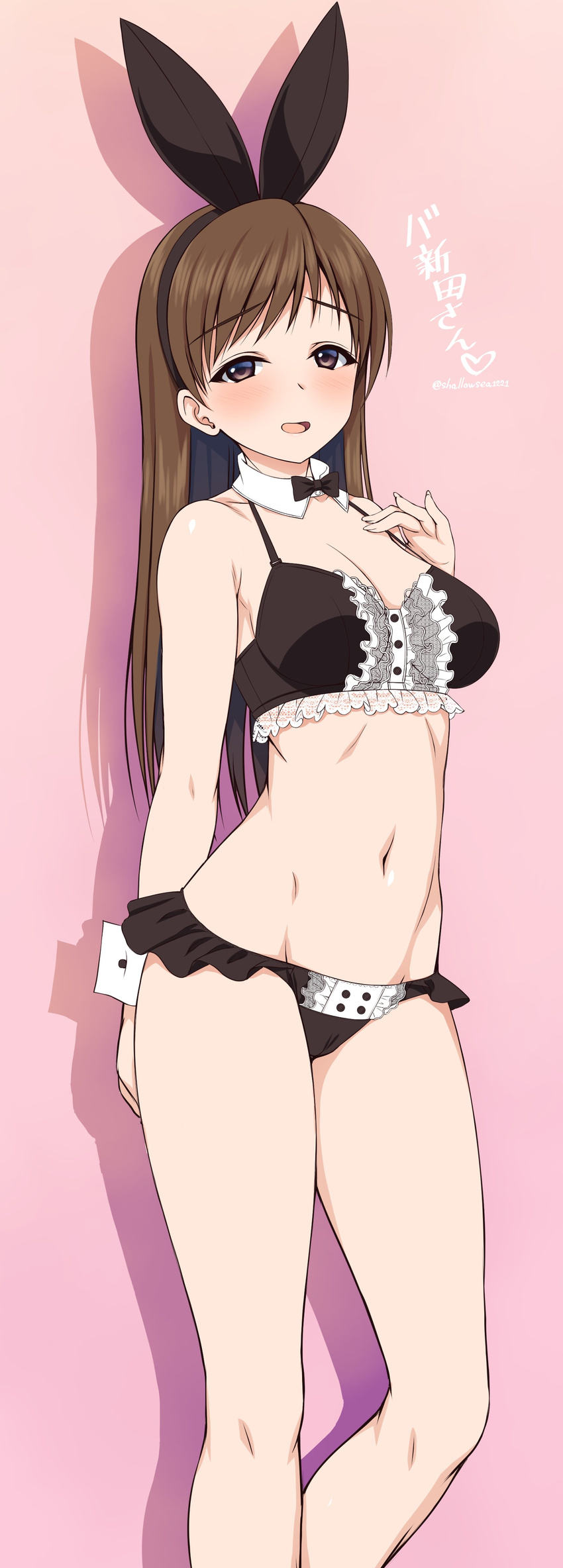absurdres animal_ears asami_asami bare_shoulders blush bow bowtie bra breasts brown_eyes brown_hair bunny_ears cleavage detached_collar fake_animal_ears full_body highres idolmaster idolmaster_cinderella_girls large_breasts long_hair looking_at_viewer navel nitta_minami panties solo standing stomach twitter_username underwear underwear_only wrist_cuffs