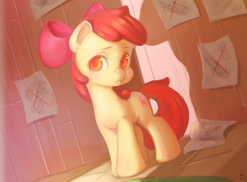 2016 amber_eyes apple_bloom_(mlp) cutie_mark earth_pony equine female feral friendship_is_magic fur hair hair_bow hair_ribbon hi_res horse inside looking_at_viewer mammal mrs1989 my_little_pony paper photo pony red_hair ribbons sad solo yellow_fur