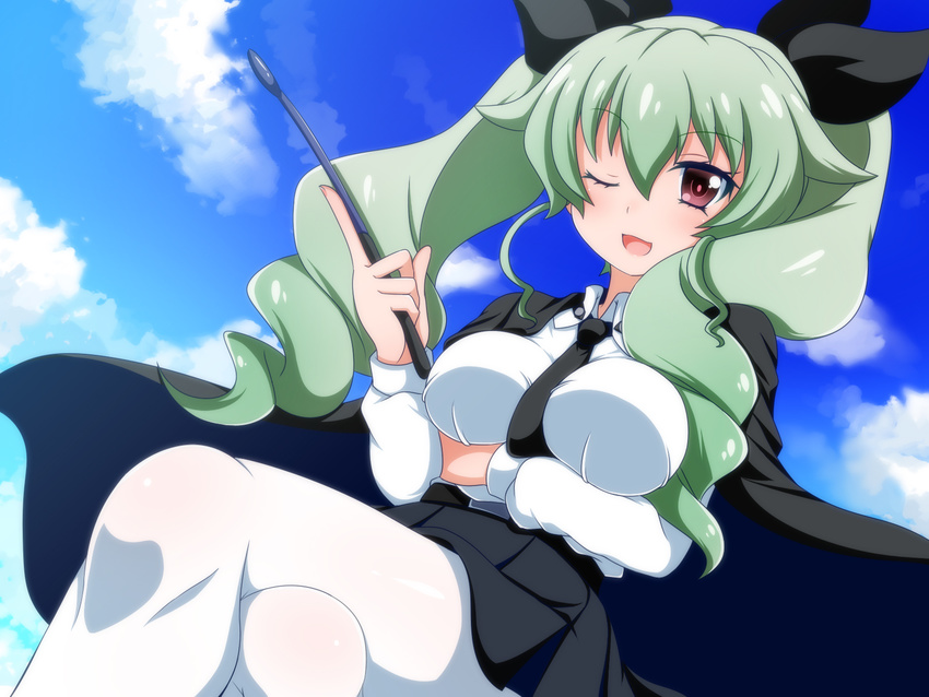 ;d anchovy anzio_school_uniform blush breasts cape crossed_legs dress_shirt drill_hair girls_und_panzer green_hair hair_ribbon highres large_breasts long_hair long_sleeves looking_at_viewer necktie oborotsuki_kakeru one_eye_closed open_mouth pantyhose red_eyes ribbon riding_crop shirt sitting smile solo twin_drills twintails uniform white_legwear white_shirt