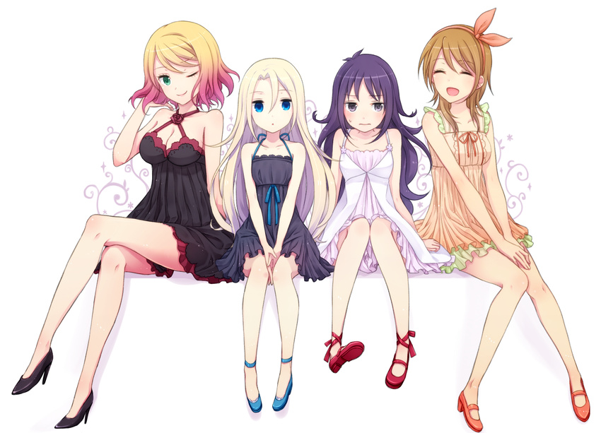 4girls :d ;) ^_^ blonde_hair blue_eyes brown_hair cathy_(satsuriku_no_tenshi) closed_eyes crossover dress girl_sandwich green_eyes high_heels kanzaki_shiori kirisame_ga_furu_mori long_hair long_legs multiple_girls nico_(nico_alice) no_socks one_eye_closed open_mouth purple_eyes purple_hair rachel_gardner sakuma_miyako sandwiched satsuriku_no_tenshi short_hair smile