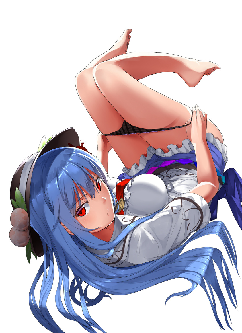 :/ absurdres bare_legs barefoot black_hat black_panties blue_hair blush breasts closed_mouth eyebrows eyebrows_visible_through_hair food fruit hair_between_eyes hat highres hinanawi_tenshi knees_together_feet_apart large_breasts leaf legs_together legs_up long_hair looking_back necktie neropaso panties panty_pull peach pulled_by_self red_eyes red_neckwear shirt short_sleeves solo touhou underwear undressing very_long_hair white_shirt