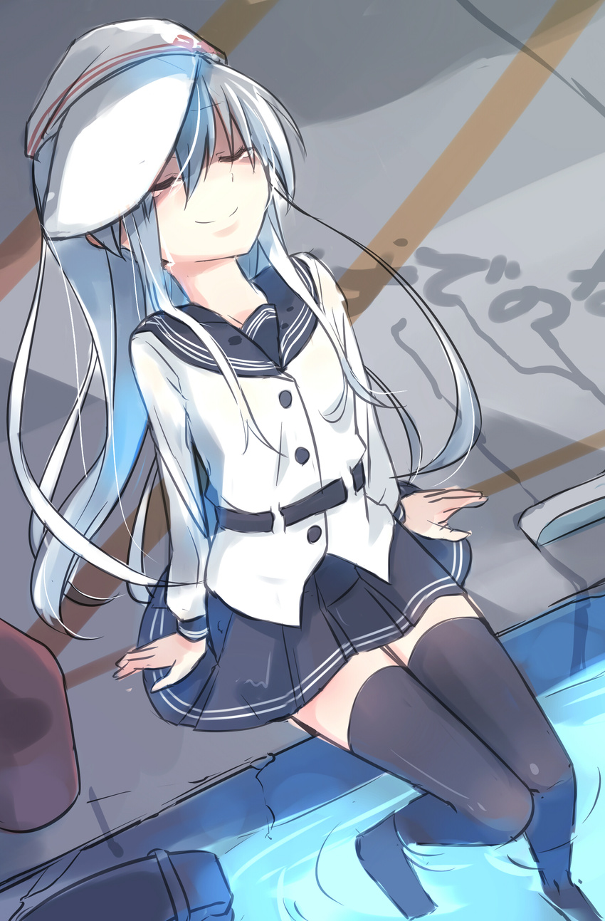 absurdres banned_artist belt black_legwear black_skirt blush buttons closed_eyes commentary_request crying flat_cap hair_between_eyes hammer_and_sickle hat hibiki_(kantai_collection) highres kantai_collection leaning_back long_hair long_sleeves nanodesu_(phrase) pleated_skirt school_uniform serafuku silver_hair sitting skirt smile solo star tears thighhighs verniy_(kantai_collection) water yopan_danshaku zettai_ryouiki