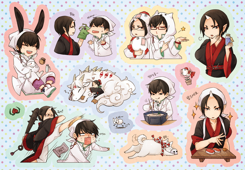 all_male animal black_hair bunny_ears chinese_clothes demon dog fish food hakutaku hoodie horns hozuki hozuki_no_reitetsu japanese_clothes male paper rope rots_real shiro_(hozuki_no_reitetsu) short_hair skull