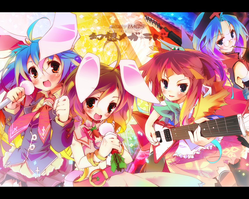 animal_ears bunny_ears guitar houraisan_kaguya inaba_tewi instrument kamiya_yuu microphone multiple_girls reisen_udongein_inaba touhou wallpaper yagokoro_eirin