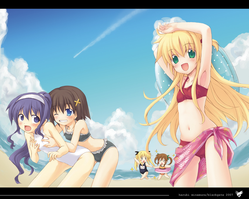 arisa_bannings beach bikini blonde_hair blue_eyes breast_grab breasts brown_hair chibi day fate_testarossa frills grabbing green_eyes hair_ornament long_hair lyrical_nanoha mahou_shoujo_lyrical_nanoha mahou_shoujo_lyrical_nanoha_a's minamura_haruki multiple_girls one-piece_swimsuit one_eye_closed outdoors pink_sarong ponytail purple_eyes purple_hair red_hair sarong school_swimsuit small_breasts swimsuit takamachi_nanoha tsukimura_suzuka twintails wallpaper x_hair_ornament yagami_hayate