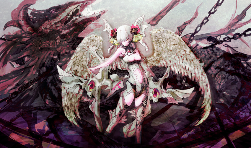 angel angel_wings bare_shoulders breasts head_wings highres iori_yakatabako medium_breasts original solo white_hair wings