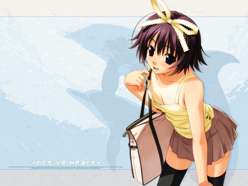 bag black_legwear camisole copyright_request dolphin downblouse hashimoto_takashi leaning_forward one-piece_tan pleated_skirt skirt solo tan tanline thighhighs wallpaper zettai_ryouiki