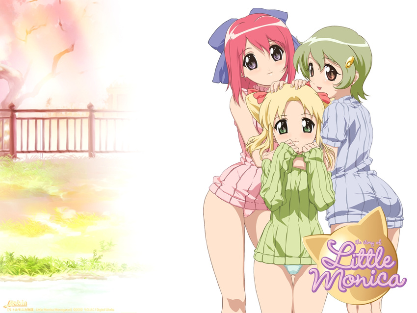 blonde_hair blue_eyes blue_panties blush celia_(little_monica_monogatari) girl_sandwich green_eyes green_hair green_shirt hair_ornament hairclip hand_on_another's_head highres hug little_monica_monogatari may_(little_monica_monogatari) multiple_girls no_pants non-web_source panties pink_eyes pink_hair pink_panties purple_eyes sandwiched satsumaya_jouki shirt short_hair siblings sisters smile sweater tina_(little_monica_monogatari) underwear wallpaper