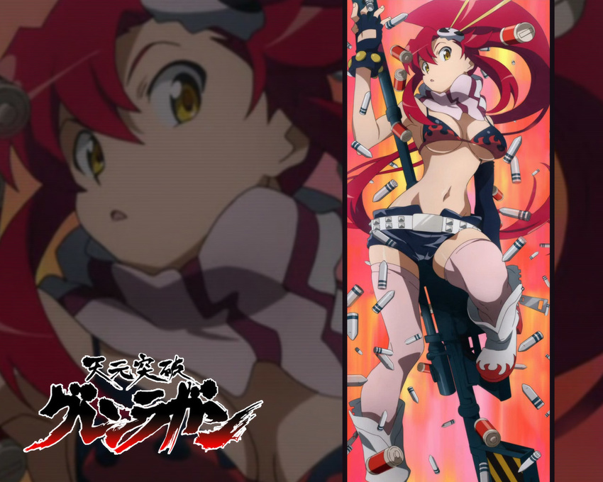 artist_request bikini_top copyright_name gloves logo long_hair mismatched_gloves short_shorts shorts tengen_toppa_gurren_lagann thighhighs wallpaper yoko_littner