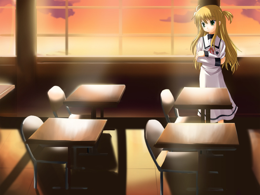 arisa_bannings backlighting brown_eyes chair classroom crossed_arms desk dress evening full_body indoors long_hair long_sleeves looking_at_viewer looking_to_the_side lyrical_nanoha mahou_shoujo_lyrical_nanoha odayan school school_desk school_uniform seishou_elementary_school_uniform solo standing sunlight table white_dress window