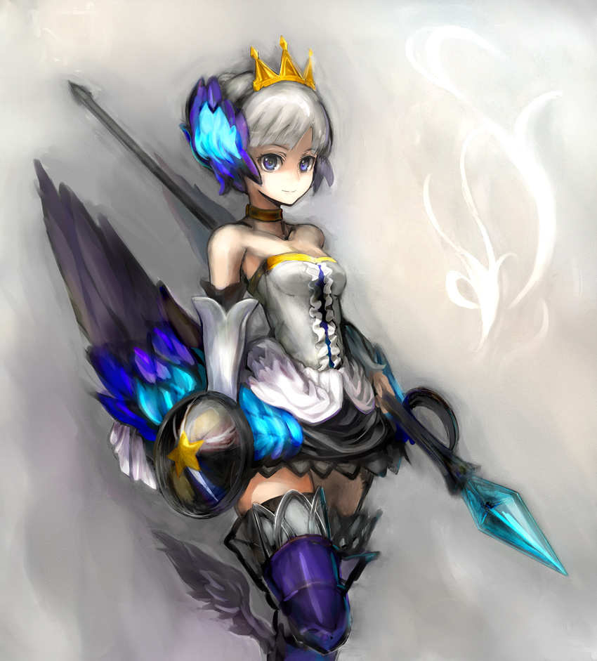 armor armored_dress bare_shoulders blue_eyes boots conjaku crown dress elbow_gloves gloves grey_background gwendolyn highres light_smile multicolored multicolored_wings odin_sphere polearm spear strapless strapless_dress thigh_boots thighhighs weapon white_hair wings zettai_ryouiki