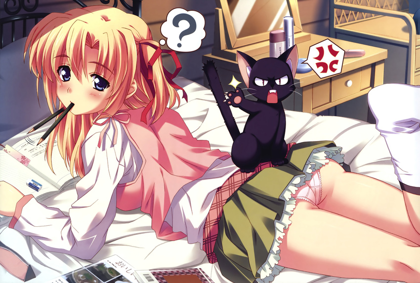 ? absurdres anger_vein angry arm_support bed blonde_hair bookmark cat claws eraser highres kusukusu long_hair lying marie_rudel mirror mouth_hold on_bed panties pantyshot pantyshot_(lying) pencil pink_panties sakura_strasse skirt solo spoken_anger_vein underwear